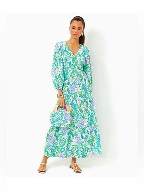 NEW Resort White Green Pink LILLY PULITZER Deacon V-Neck Maxi Dress 4 NWT